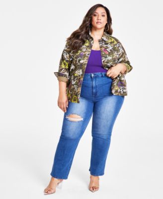 Nina Parker Trendy Plus Size Cotton Camouflage Affirmation Button-Front Jacket