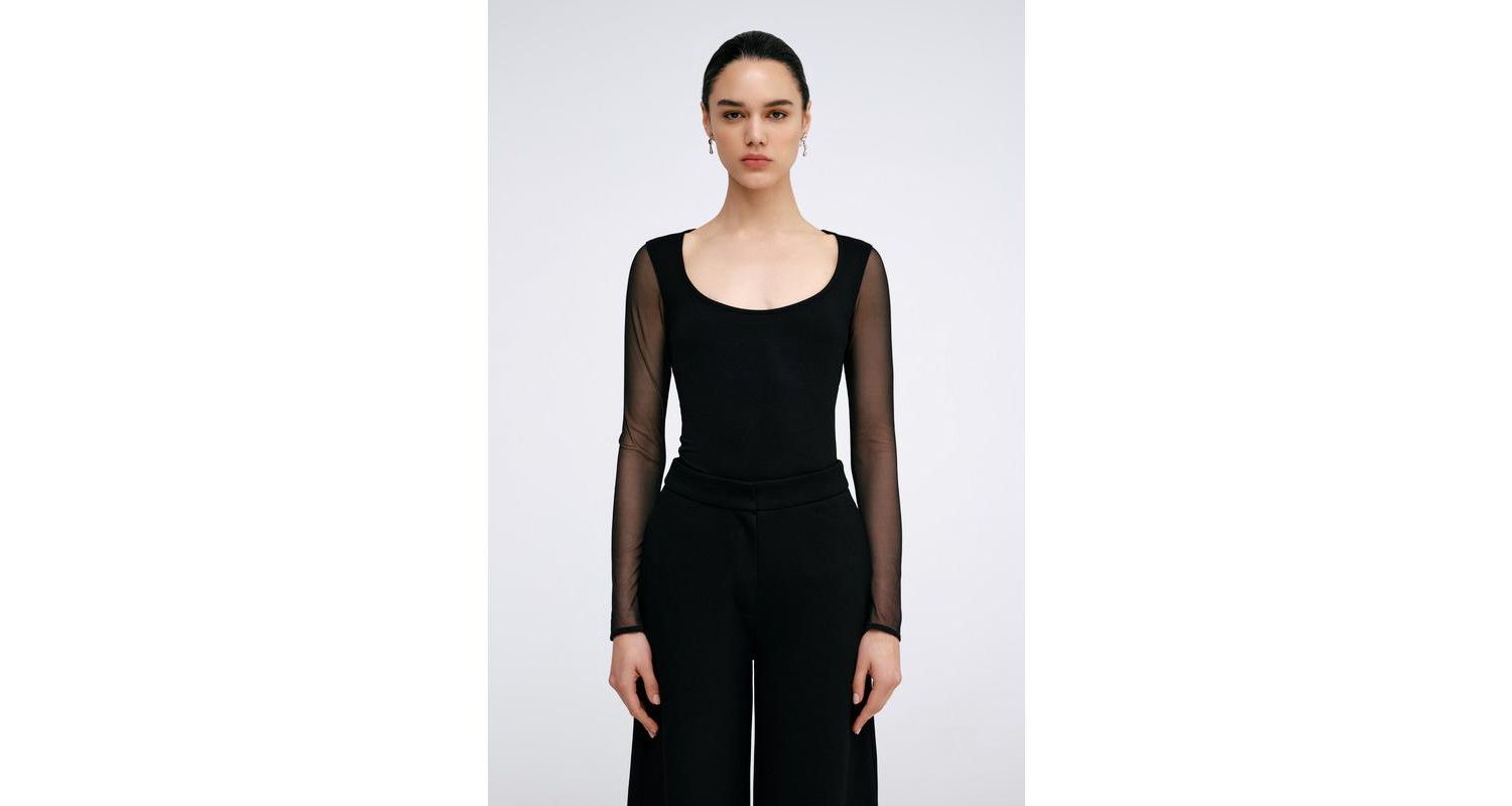 Women's Parisa Jersey-Bodice Long Mesh-Sleeve Fitted Top