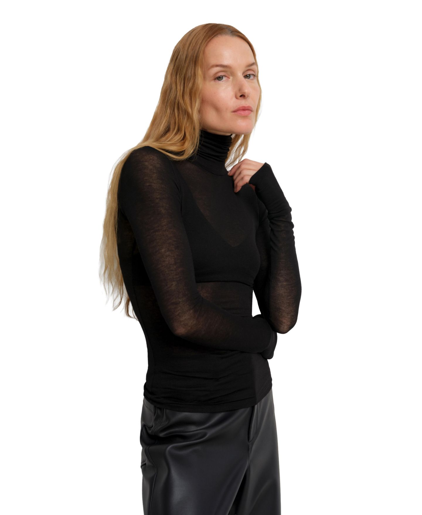 Женский топ Marcella Eloise Extra-Long Sheer Jersey Fitted Turtleneck with Thumbholes, цвет: Чёрный — фото 2