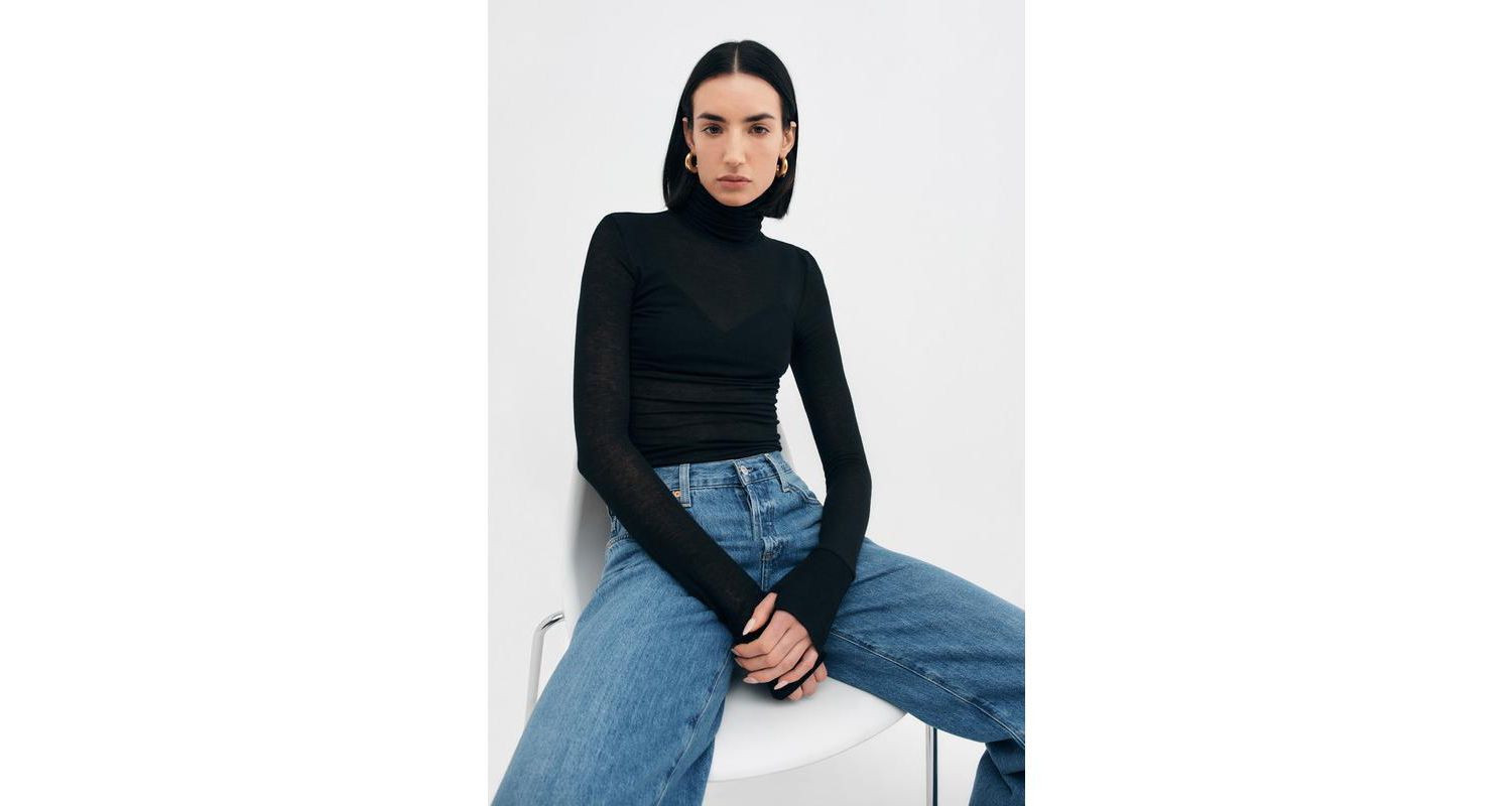 Women's Eloise Extra-Long Sheer Jersey Fitted Turtleneck with Thumbholes