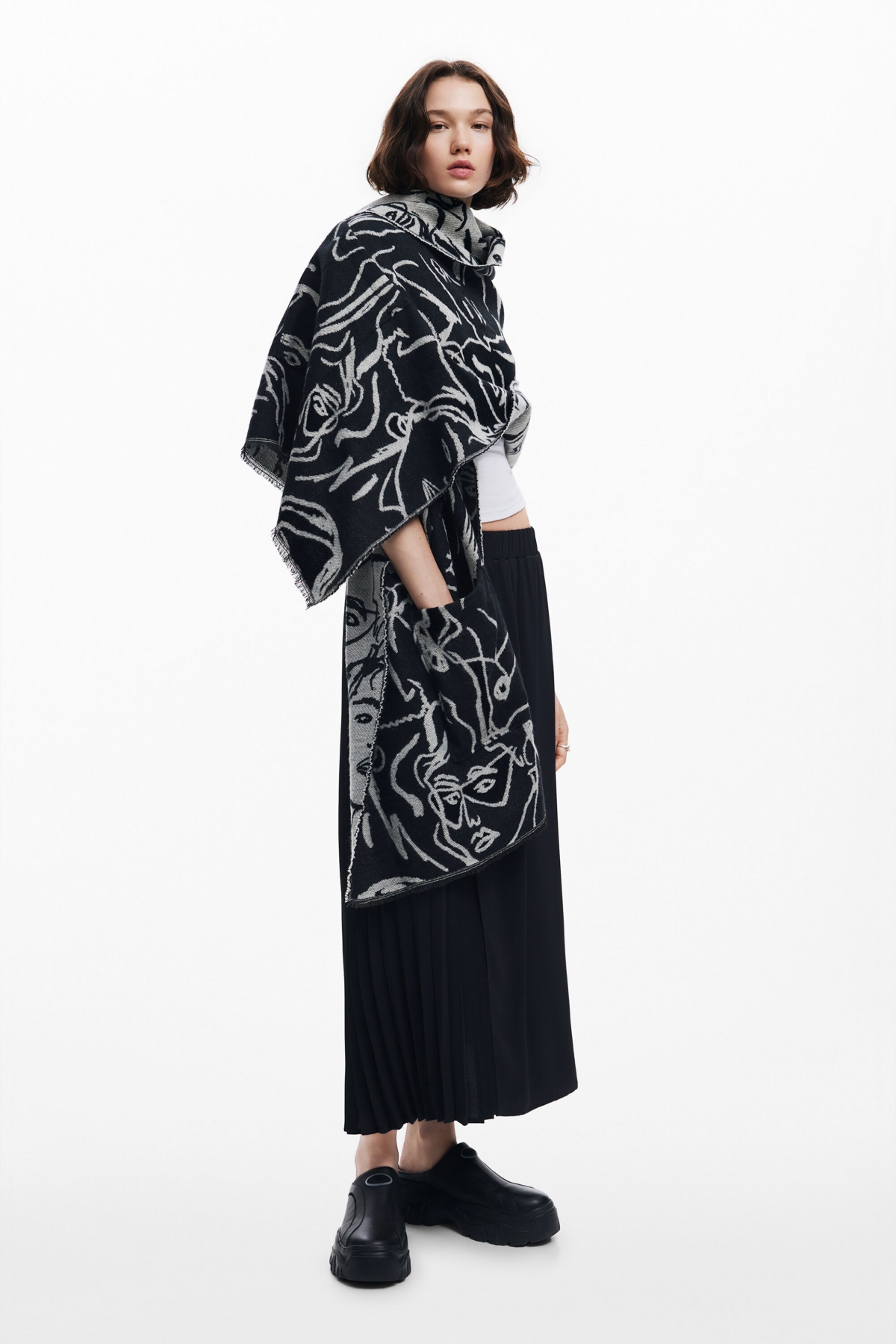 Women's Long Scarf with Faces - Black