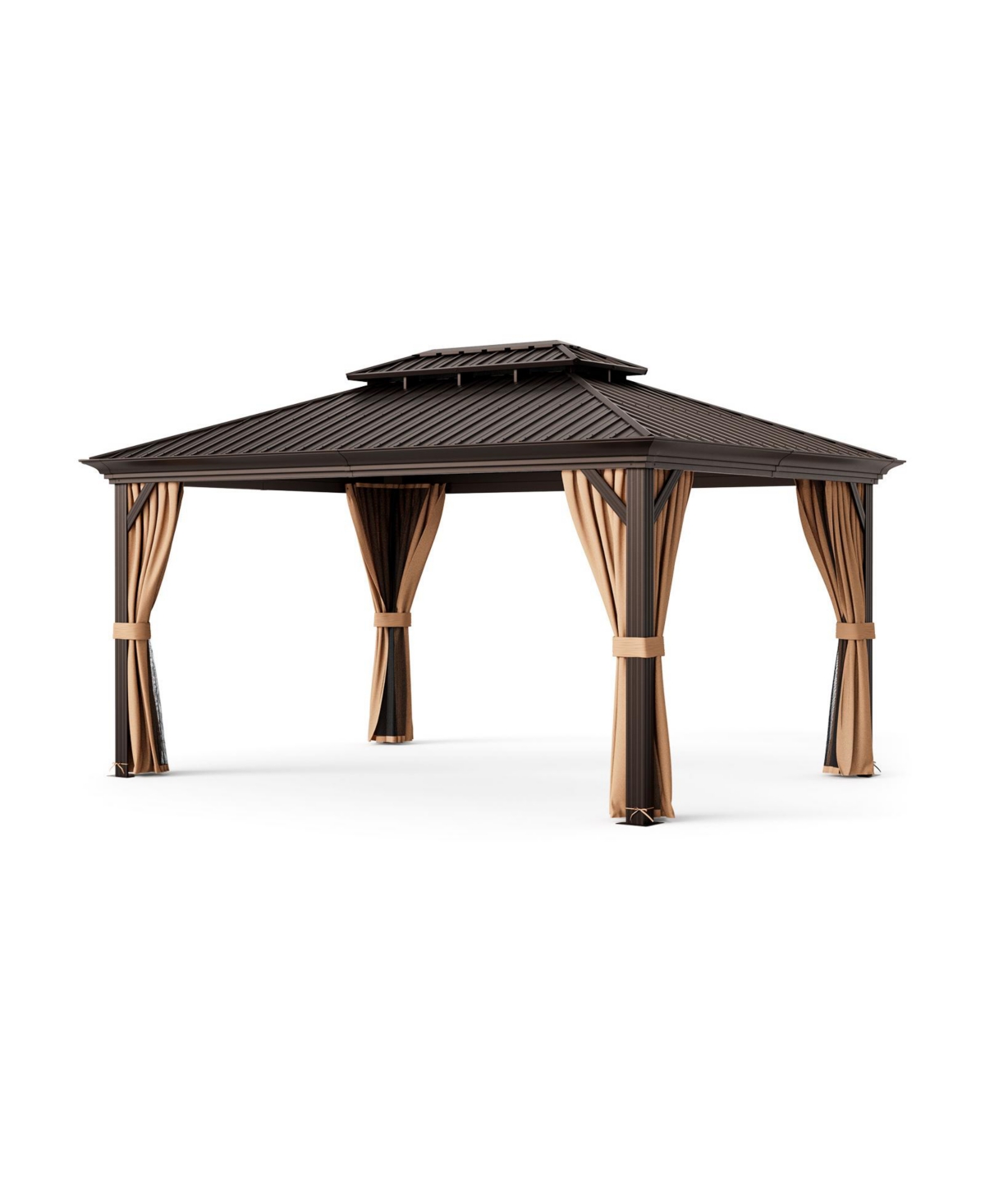 12' x 16' Double-Roof Hardtop Gazebo with Galvanized Steel Roof - Brown