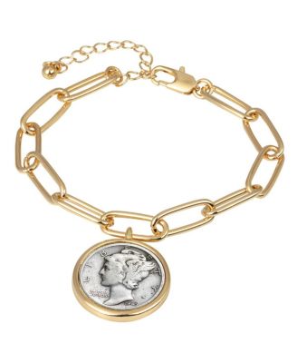 16464 Mercury Dime Coin Goldtone Elongated Link Bracelet