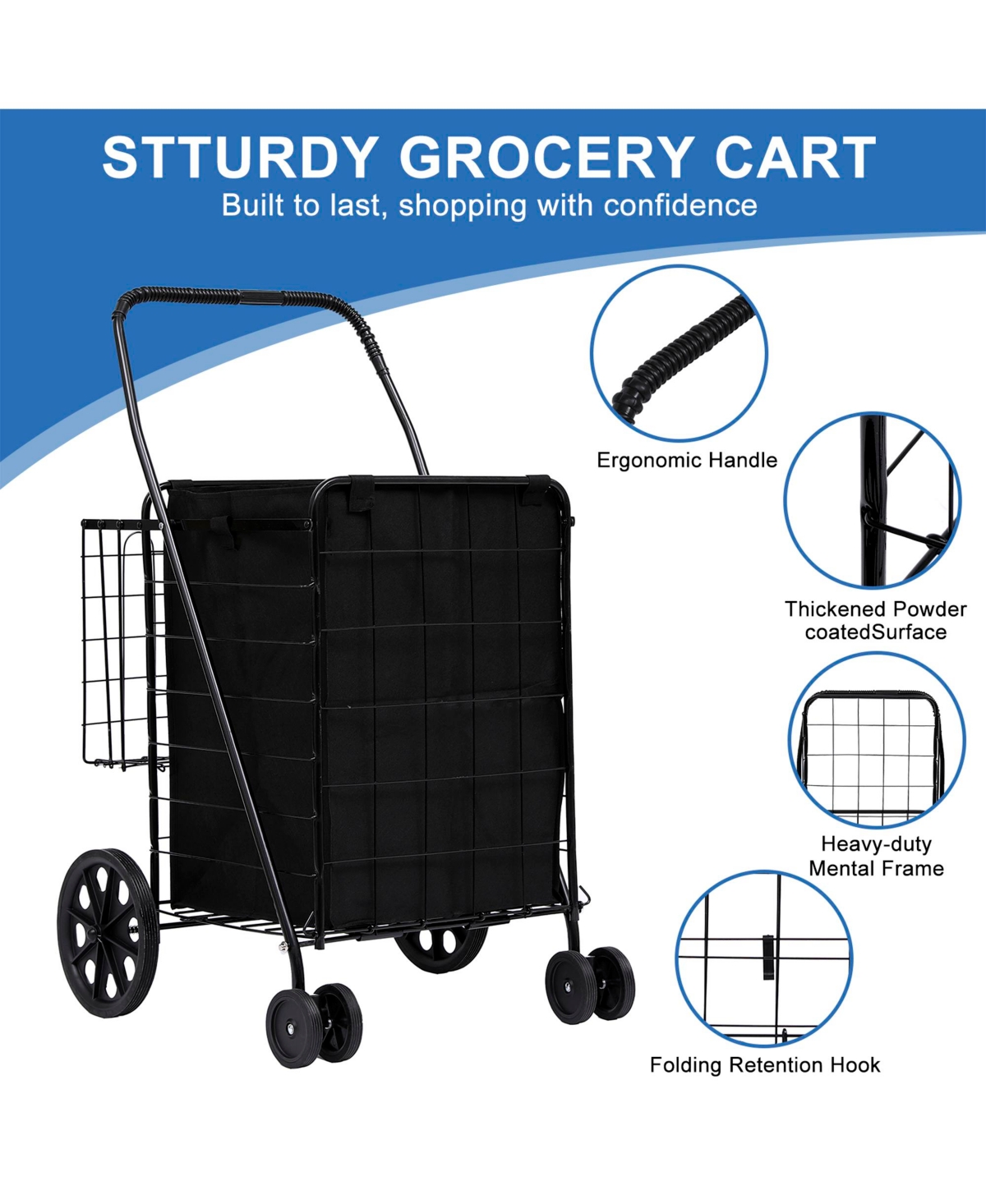 Sugift Folding Shopping Cart with Removable Waterproof Liner, 360° Swivel Wheels, Heavy Duty Utility Cart for Shopping