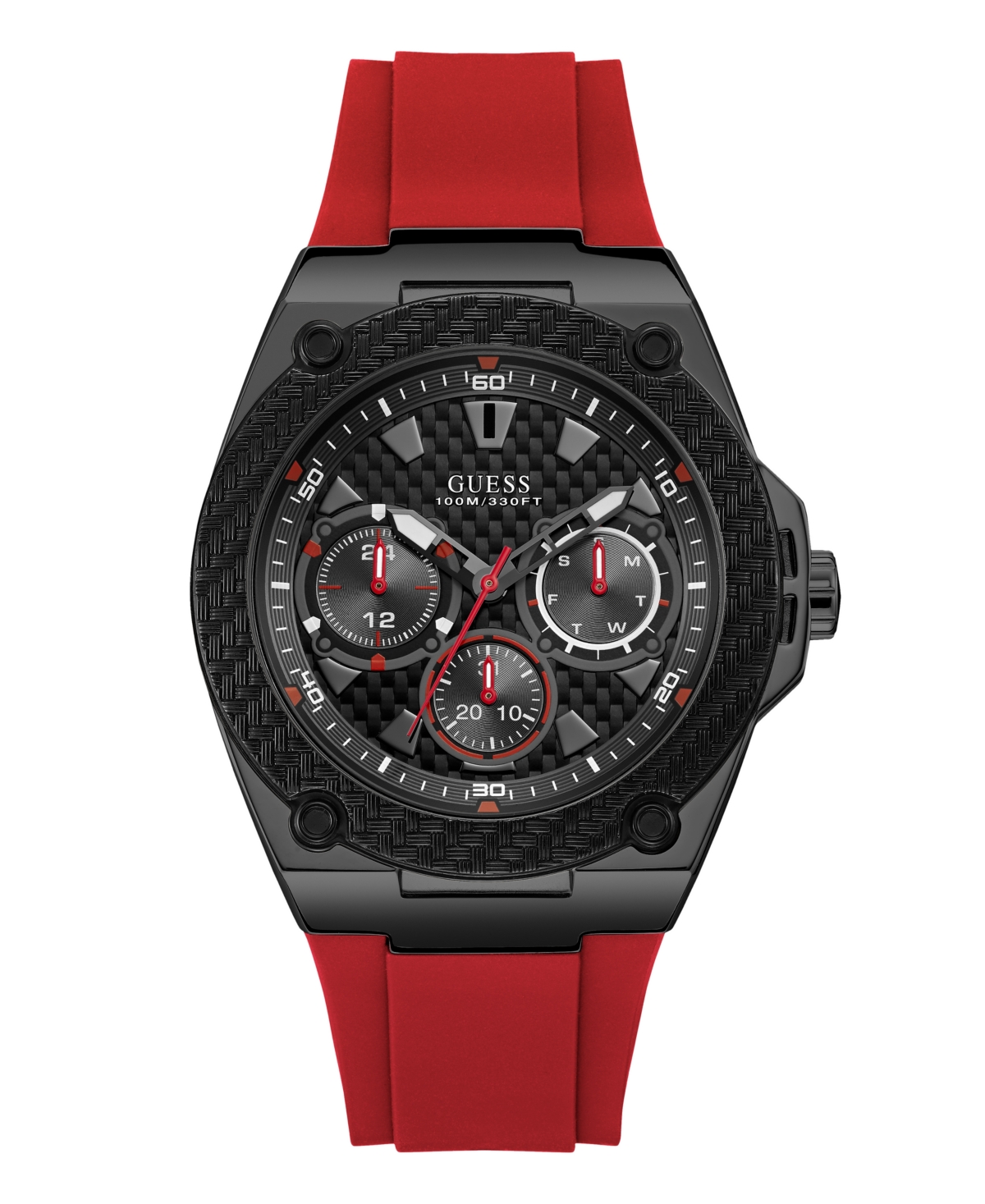 Guess Men's Multi-function Red Silicone Watch, 45mm In Red