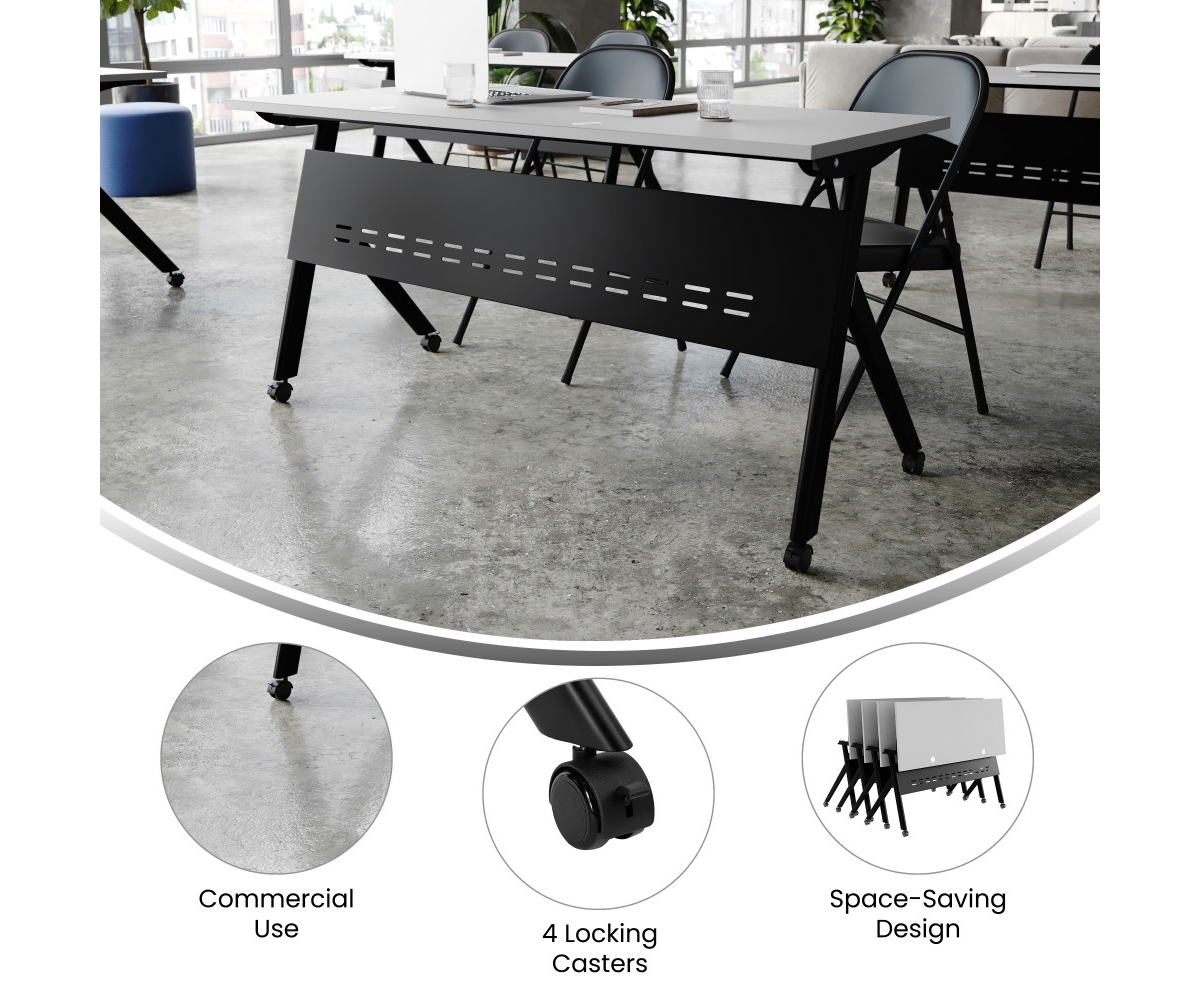 Emma+Oliver Griffin Heavy-Duty Flip Top Training Table With Nesting Design, Privacy Panel, Y-Legs, Tabletop, Metal Frame -black frame