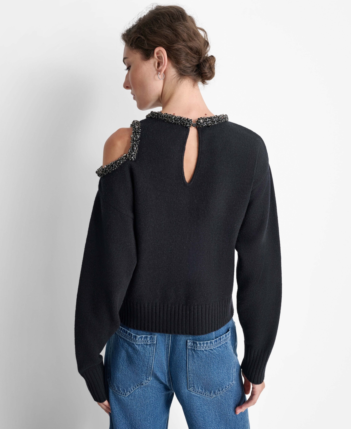 Dkny Women's Embellished Cold-Shoulder Long-Sleeve Sweater