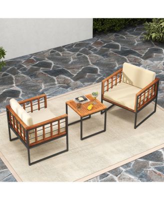 3 Pieces Patio Furniture Set Acacia Wood Bistro Conversation Set w/ 2 Cushioned Chairs Beige