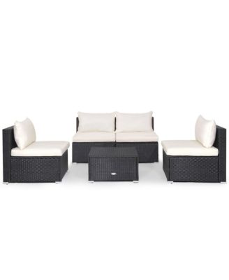 5PCS Patio Outdoor Rattan Sofa Conversation Set w/ Seat & Back Cushions Off White