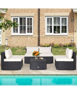 5PCS Patio Outdoor Rattan Sofa Conversation Set w/ Seat & Back Cushions Off White
