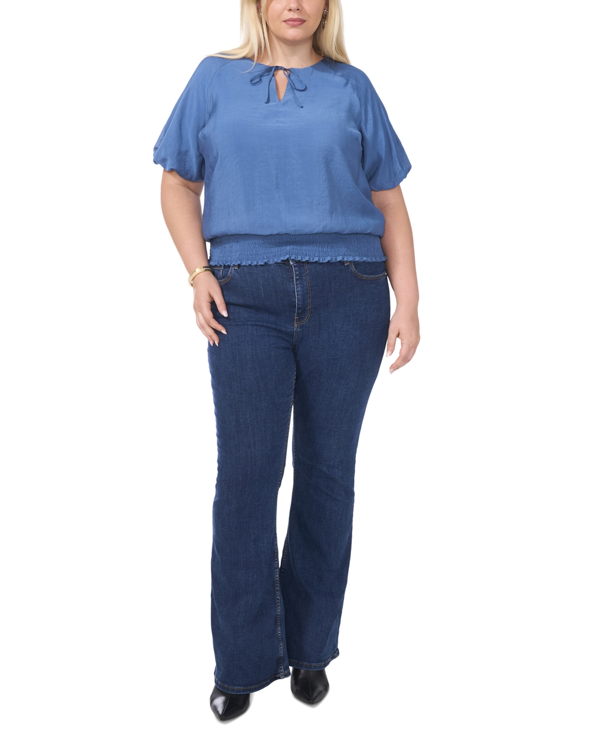 Vince Camuto Plus Size Puff-Sleeve Smocked-Waist Blouse