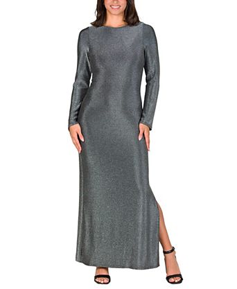 Women's Fitted Long Sleeve Shimmery Side Slit Maxi Dress