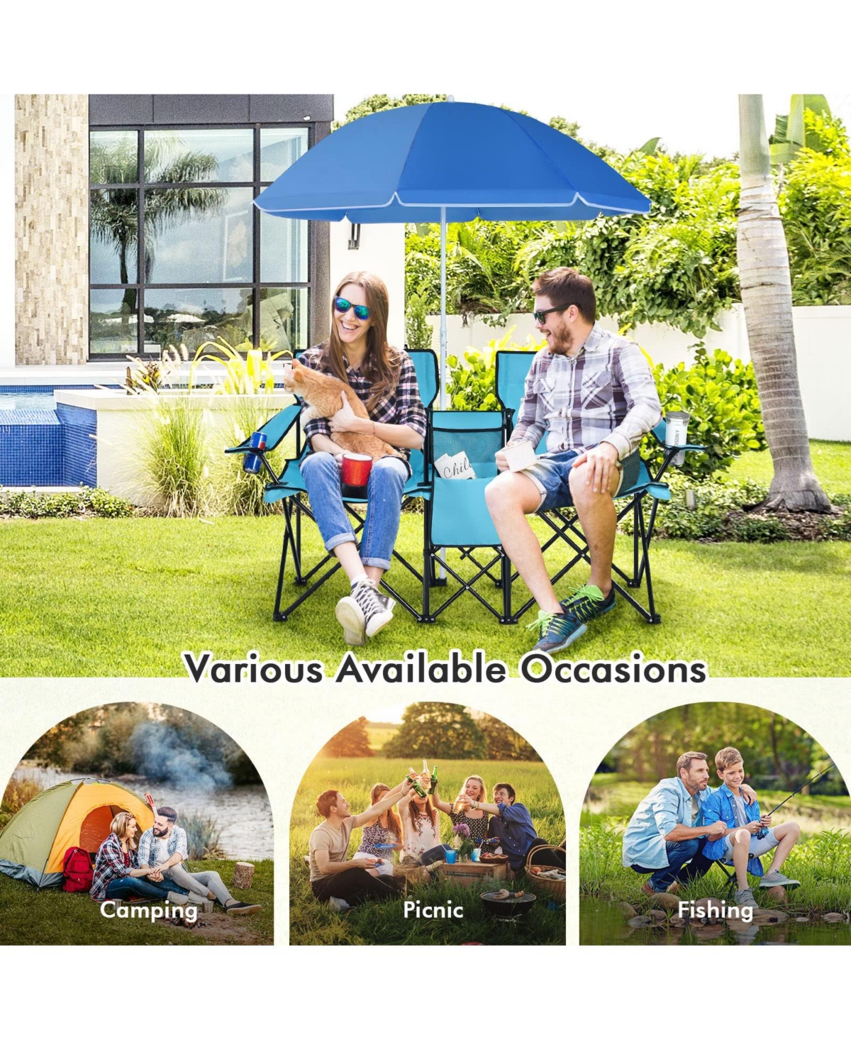 Vebreda Portable Folding Picnic Double Chair With Umbrella