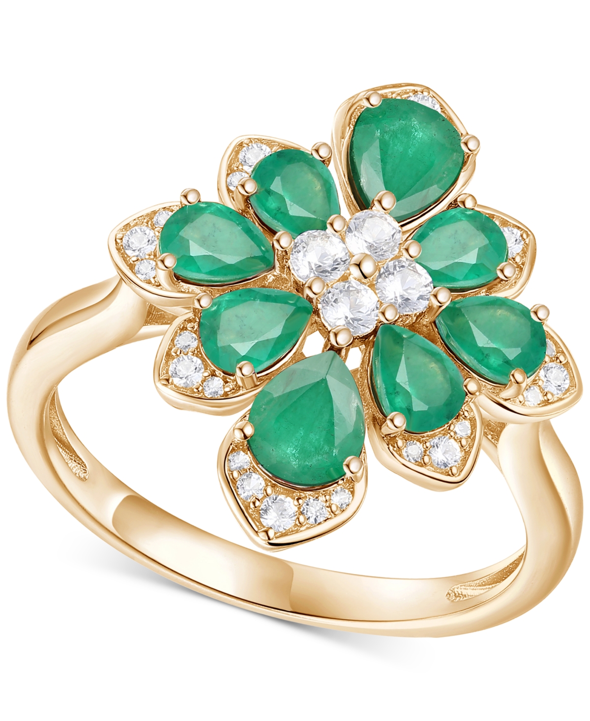Macy's Emerald (1-3/4 Ct. T.w.) & Diamond (1/4 Ct. T.w.) Pear Flower Ring In 14k Gold (also In Ruby & Sapph In Emerald