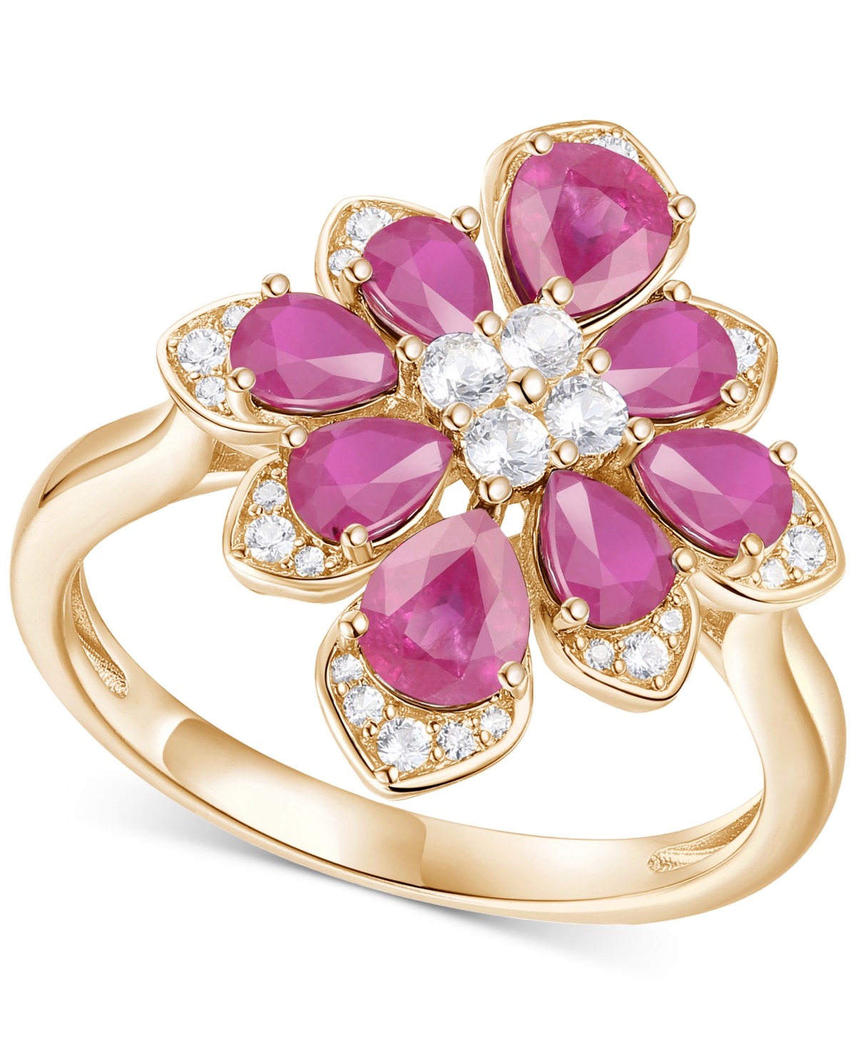 Macy's Emerald (1-3/4 Ct. T.w.) & Diamond (1/4 Ct. T.w.) Pear Flower Ring In 14k Gold (also In Ruby & Sapph In Ruby