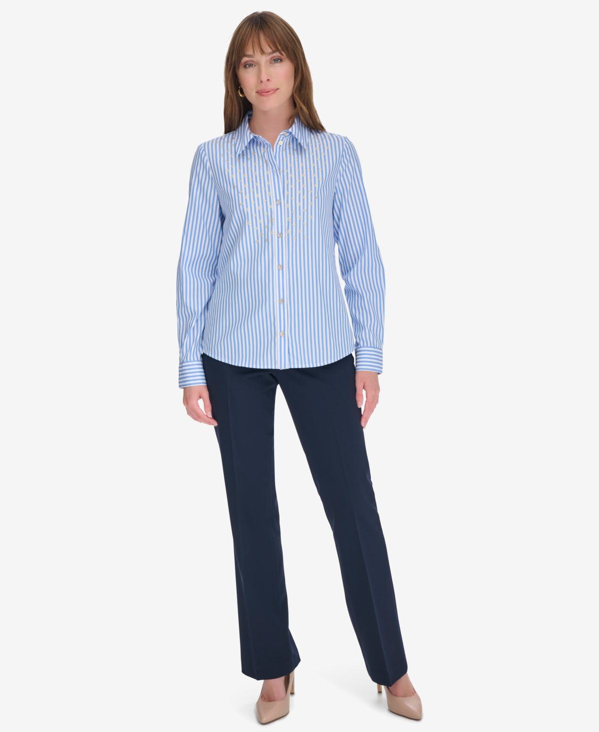 Tommy Hilfiger Women's Cotton Striped Embellished Long-Sleeve Shirt -b