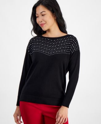 AK Anne Klein - Petite Embellished Boat-Neck Sweater