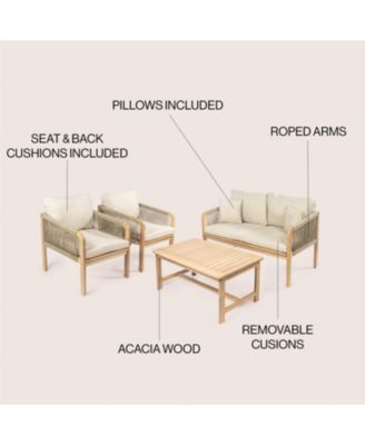 Tavira 4-Piece Modern Bohemian Acacia Wood Outdoor Patio Set with Cushions and Plain Decorative Pillows, Beige/Light Teak