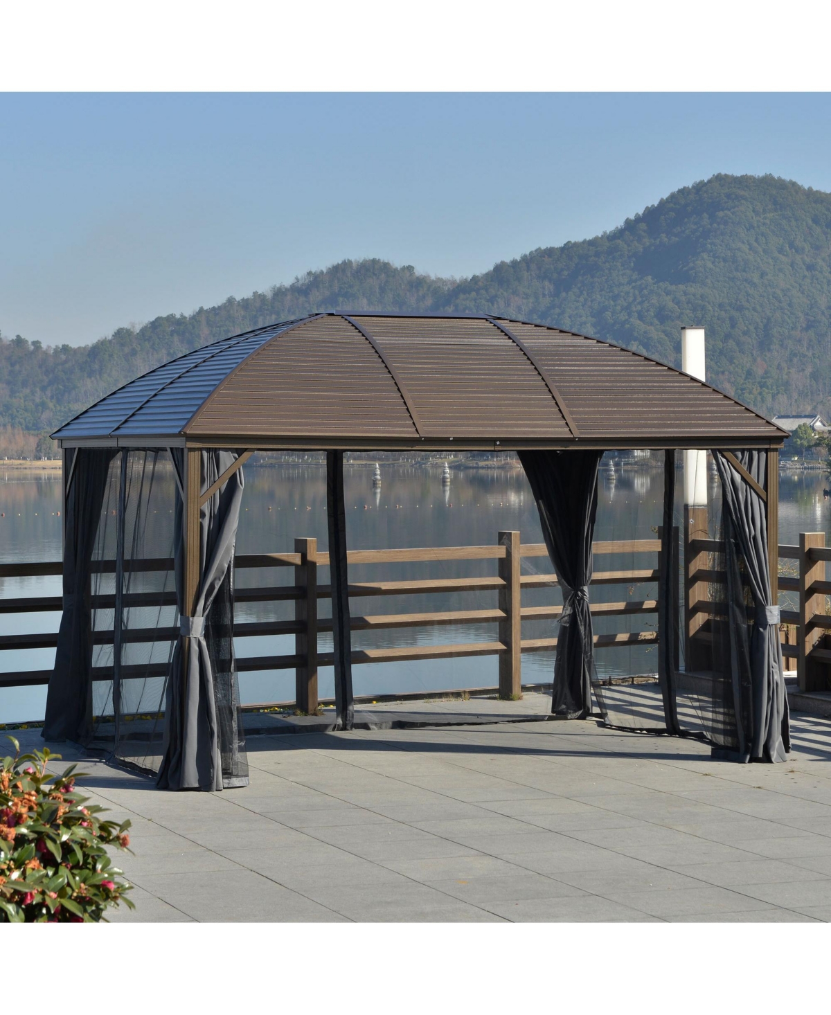 10' x 13' Hardtop Gazebo Canopy w/ Steel Roof, Sidewalls, Gray - Brown
