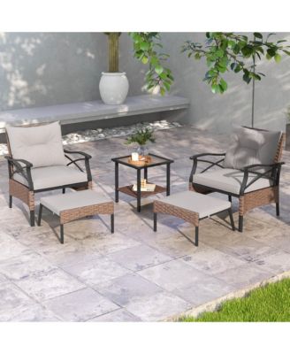 5 PCS Patio Furniture Set with 2-Tier Coffee Table & 2 Ottomans Cushions Included