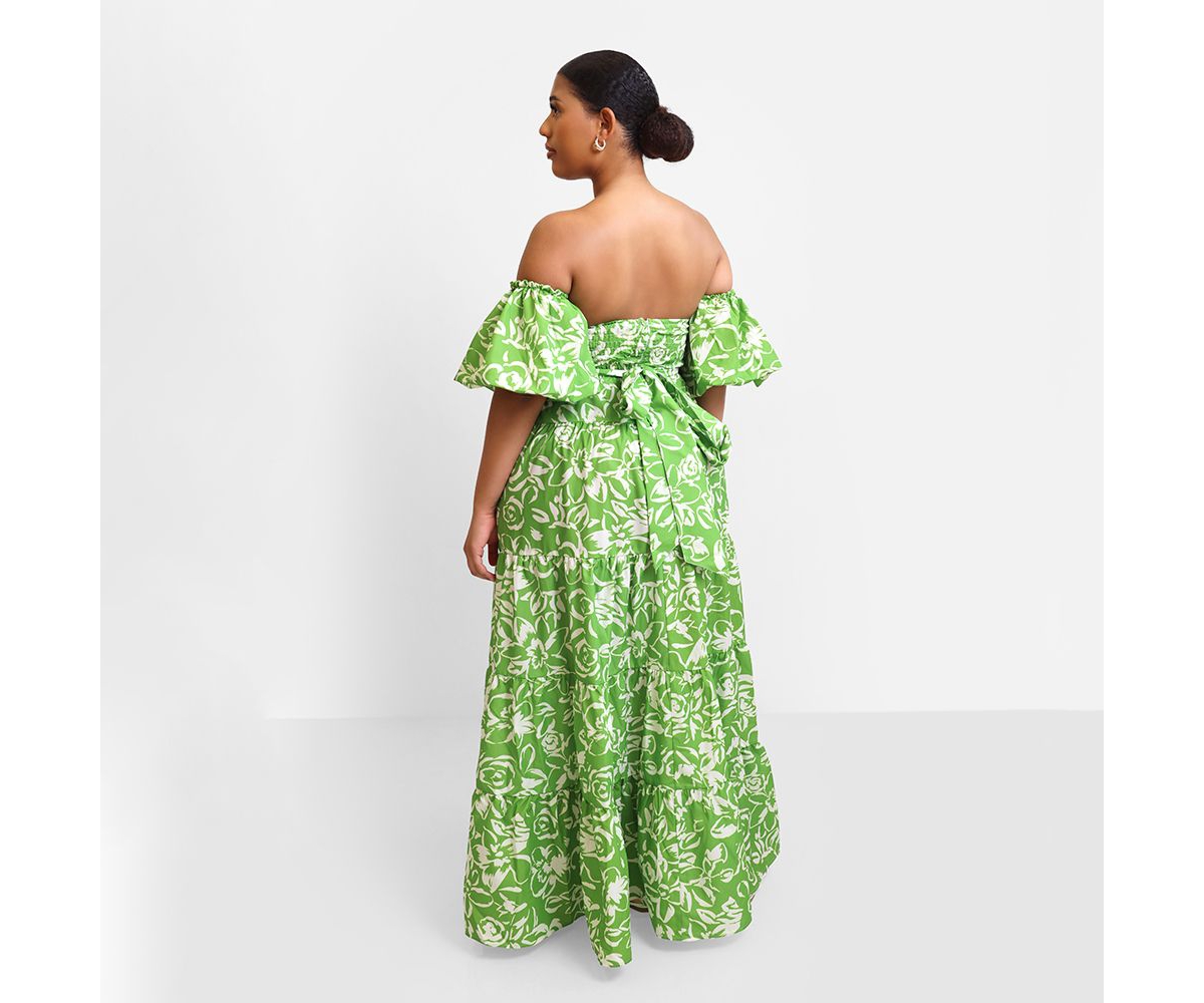 Rebdolls Plus Size Allegra Floral Puff Sleeve Belted Maxi Skater Dress