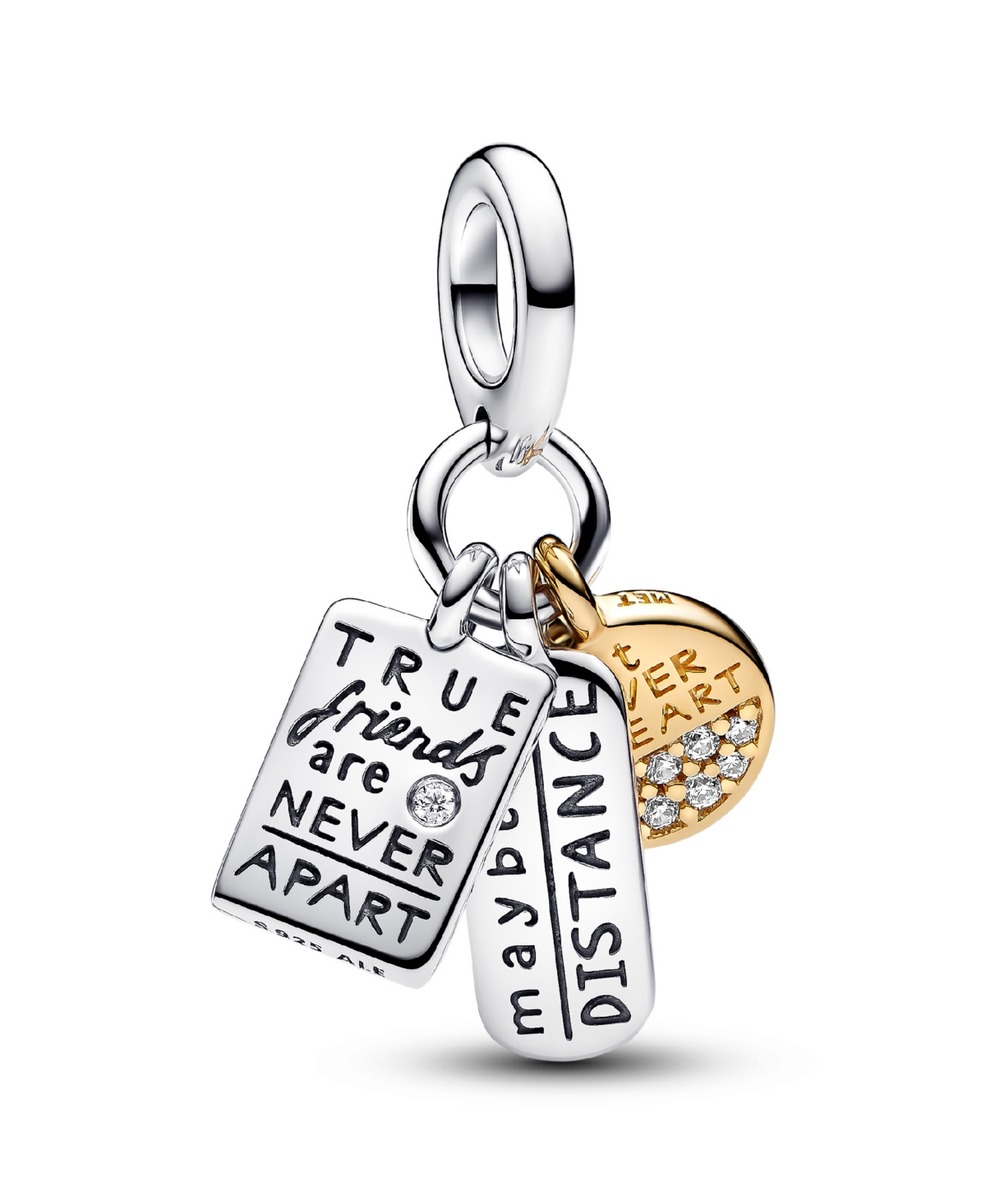 Pandora Sterling Silver And 14k Gold-plated Unique Metal Blend Friendship Triple Dangle Charm In Silver  Gold