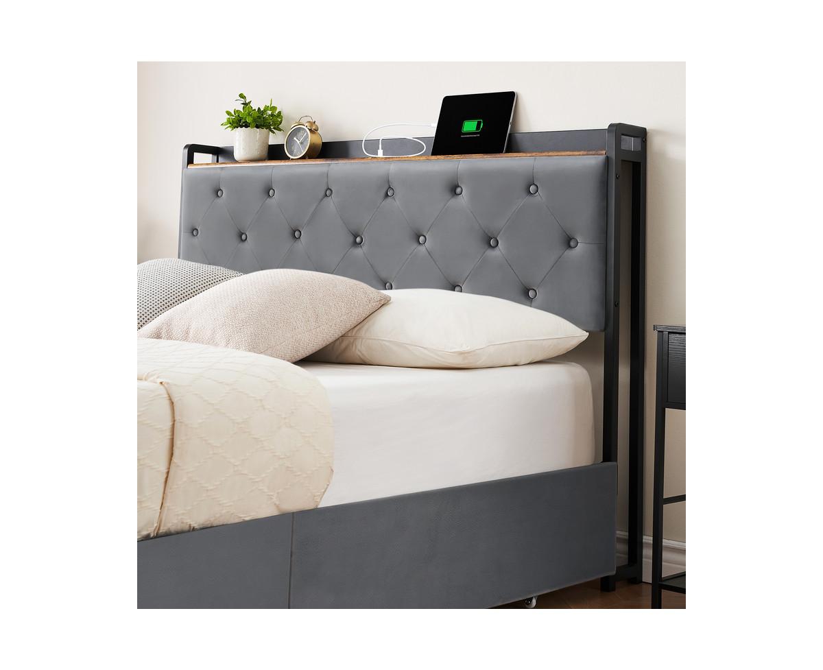 gaomon Upholstered Bed Frame with Charging Station Headboard & 4 Storage Drawers, Platform Bed Frame Mattress Foundation with Wooden Slats Support, No