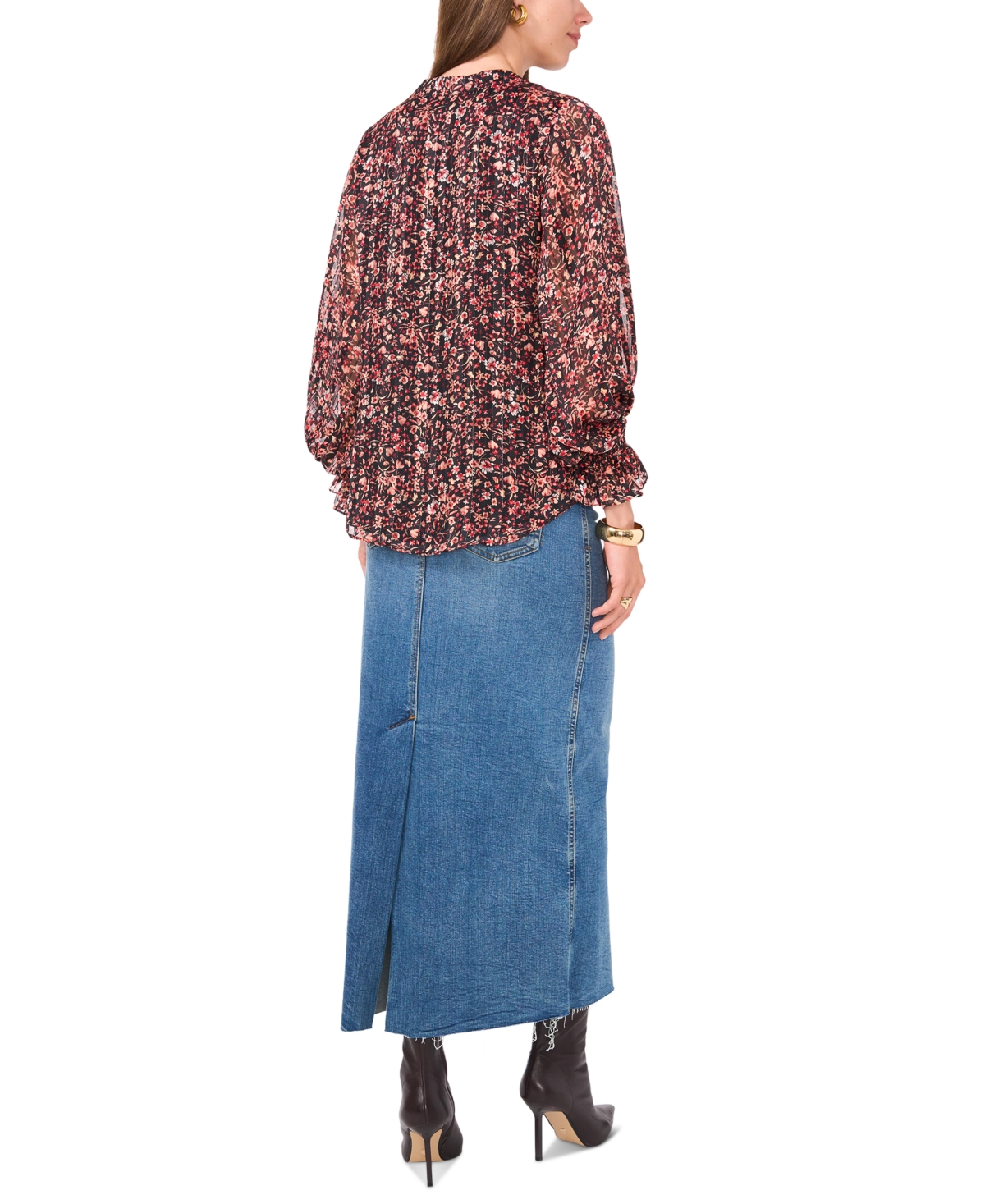 Vince Camuto Women's Printed Split-Neck Smocked-Cuff Top