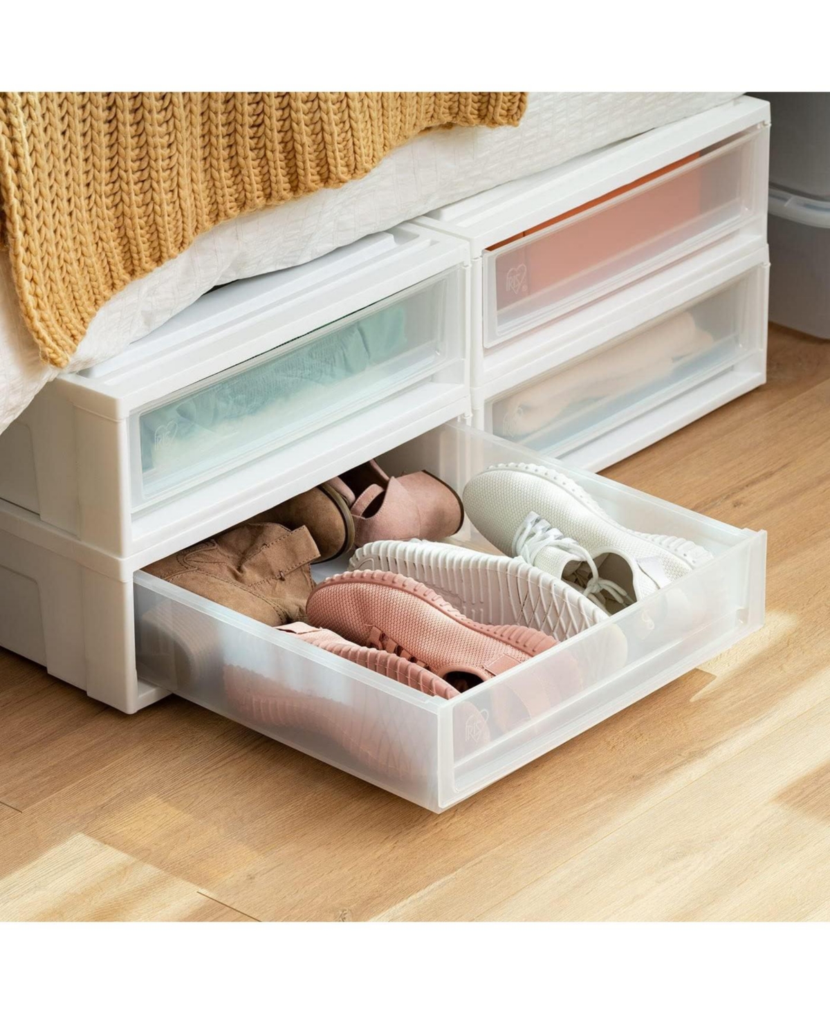 Iris Usa 27.5qt Plastic Under Bed Storage Containers with Sliding Organizer Drawers,- White