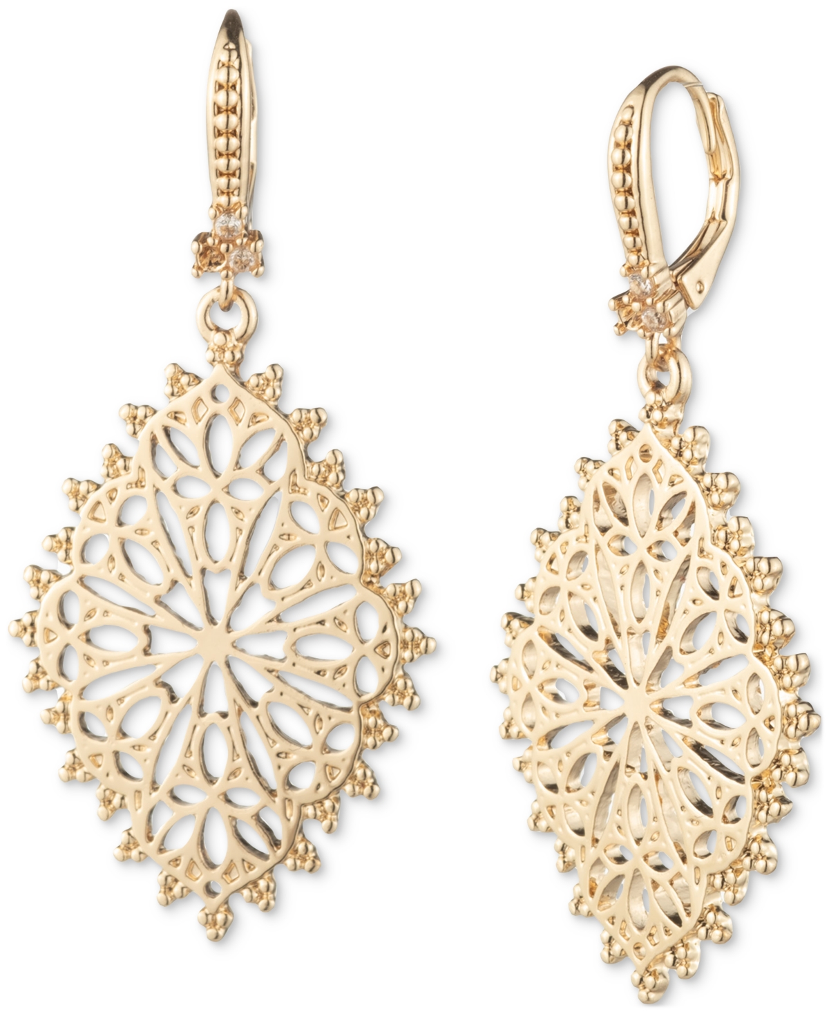 MARCHESA GOLD-TONE FILIGREE BEADING OPENWORK LEVERBACK DROP EARRINGS 