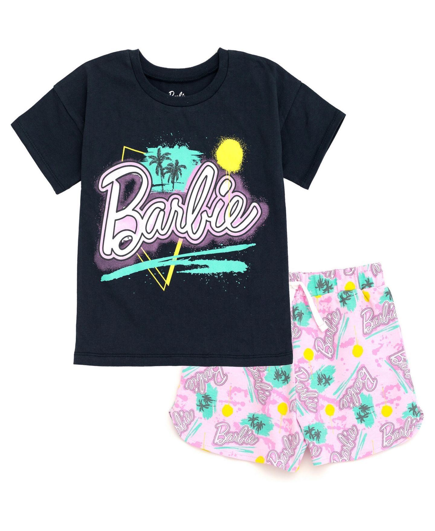 Детский комплект Barbie Toddler Girls 2-Piece T-Shirt and French Terry Shorts Set, цвет: Серый яркий розовый — фото 1