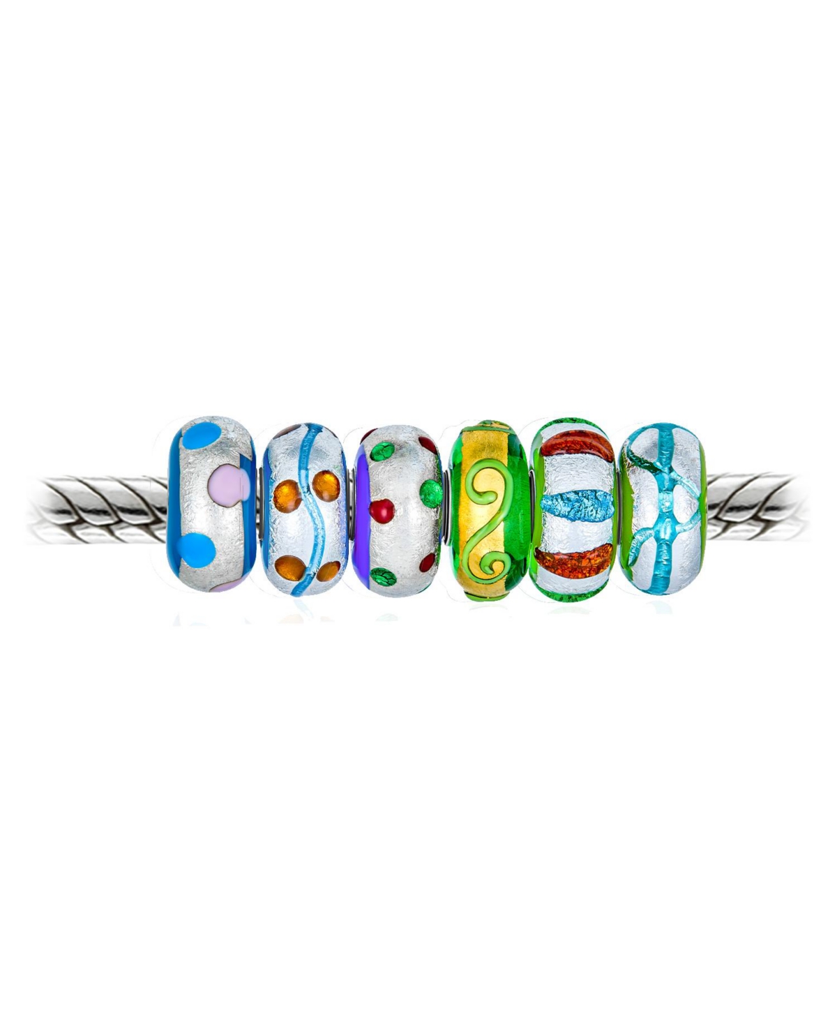 Bling Jewelry Bundle Set of 6 Murano Glass 3D Lamp Work Multi Color Green Blue Gold Foil Metallic Hand Painted Stripe Dots Swirl Charm Bead For Women