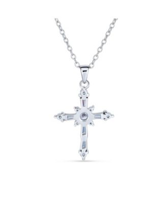 Delicate Marquise Cubic Zirconia Religious Cross Pendant Necklace Sterling Silver