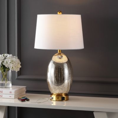 Reese 26.5" 1-Outlet Contemporary Style Iron/Glass LED Table Lamp with USB Charging Port, Silver/Brass Gold