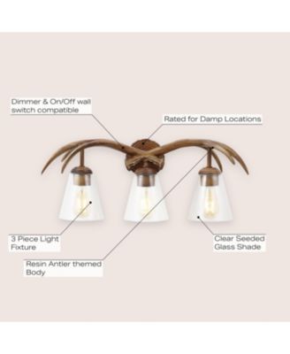 Wyatt 25.5" 3-Light Southwestern Bohemian Resin/Seeded Glass Faux Antler LED Vanity Light, Brown Wood Finish