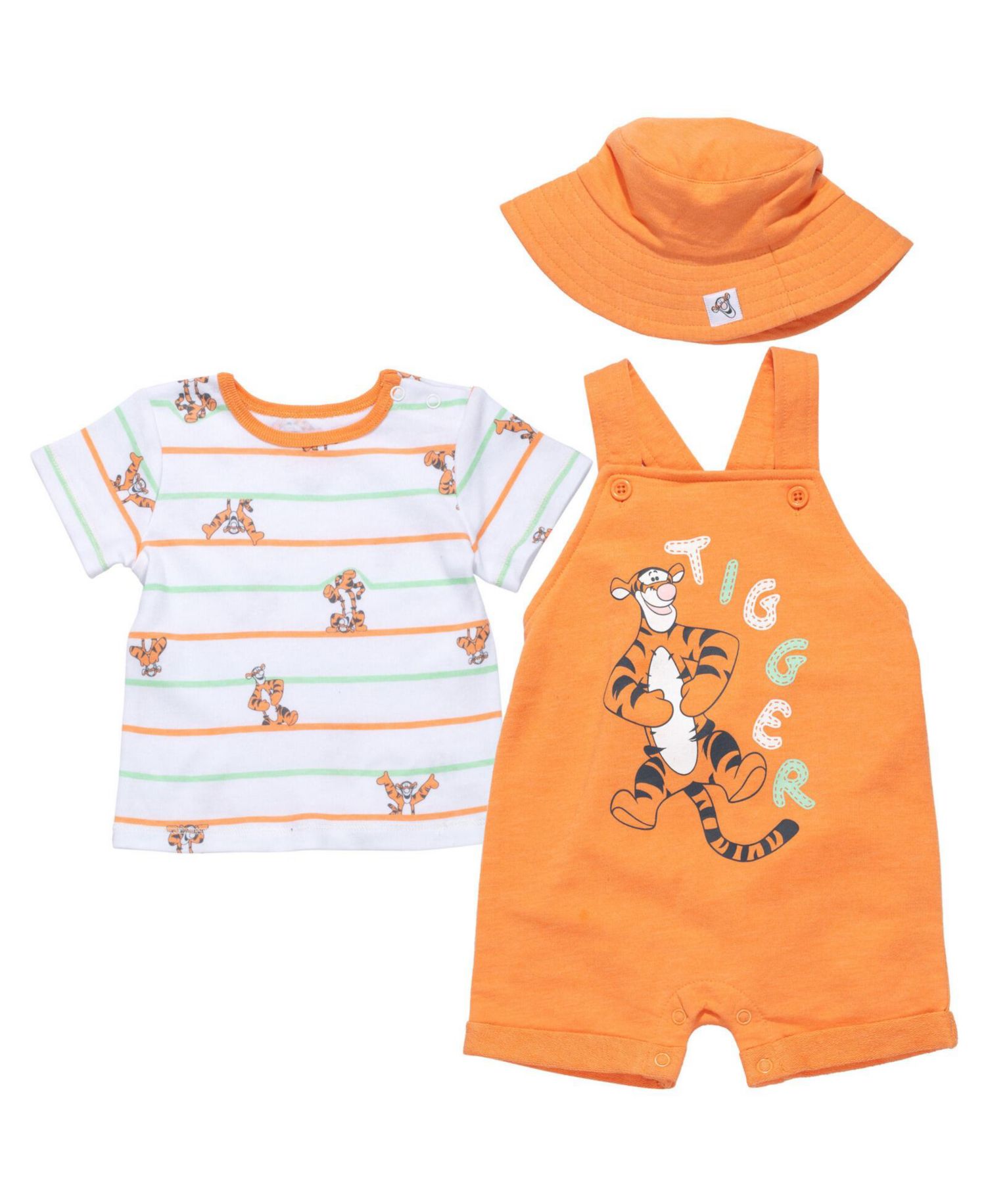 Baby Boys Tigger French Terry Short Overalls T-Shirt and Hat 3 Piece Outfit Set