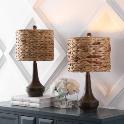 Theodore 21" Rustic Farmhouse Handwoven Water Hyacinth/Resin LED Table Lamp, Brown Wood Finish (Set of 2)