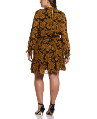 Plus Size Metallic Leaves Print Long Sleeve Dress