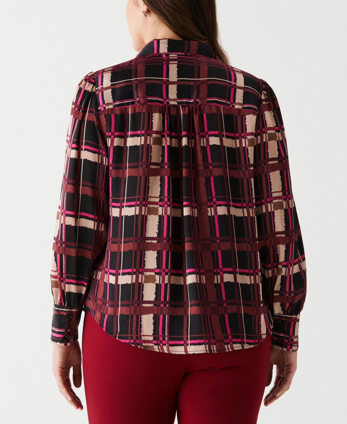 Ella Rafaella Plus Size Plaid Shirred Split Neck Long Sleeve Blouse