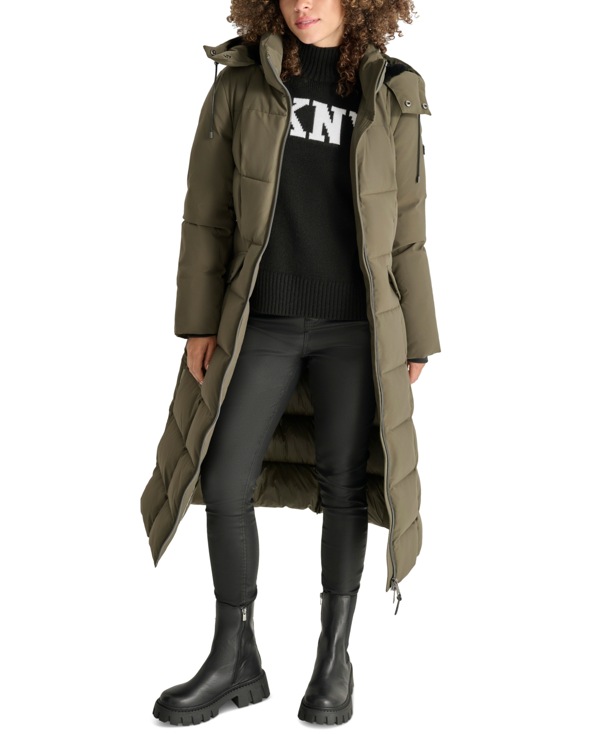 DKNY WOMENS MAXI BELTED HOODED PUFFER COAT 