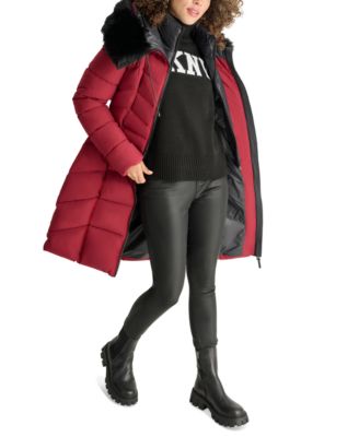 DKNY Women's Bibbed Faux-Fur-Trim Hooded Puffer Coat - Macy's