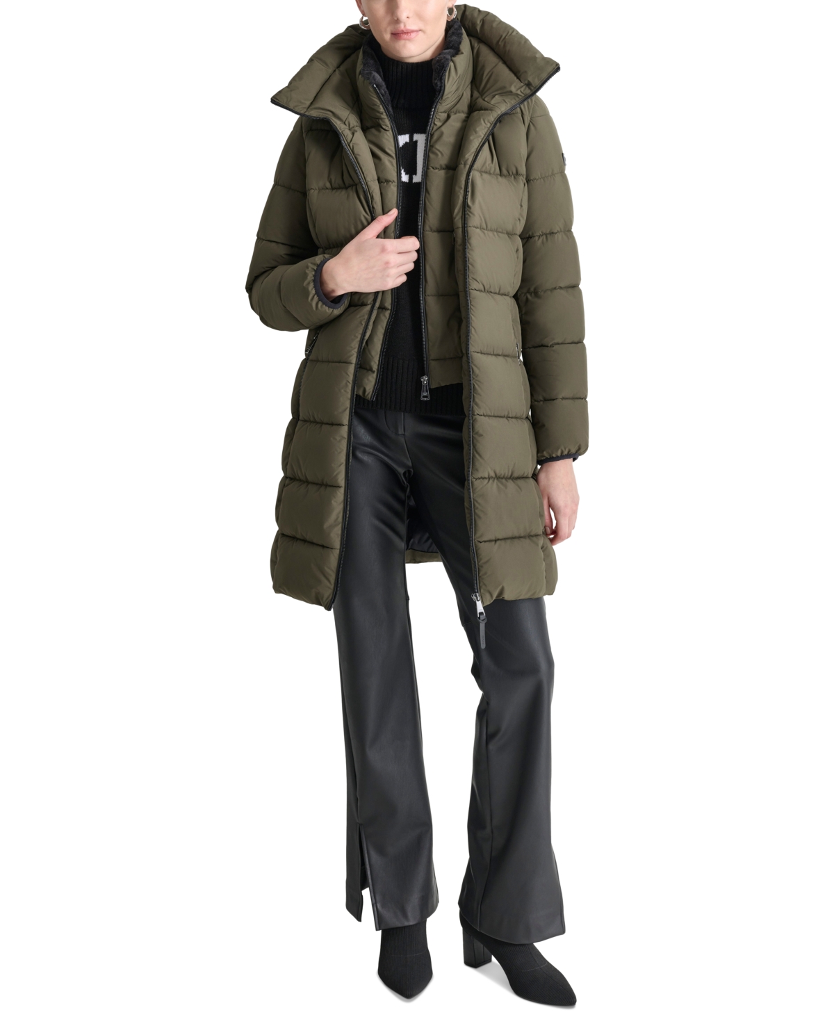 Dkny Women's Bibbed Hooded Zip-front Puffer Coat In Loden