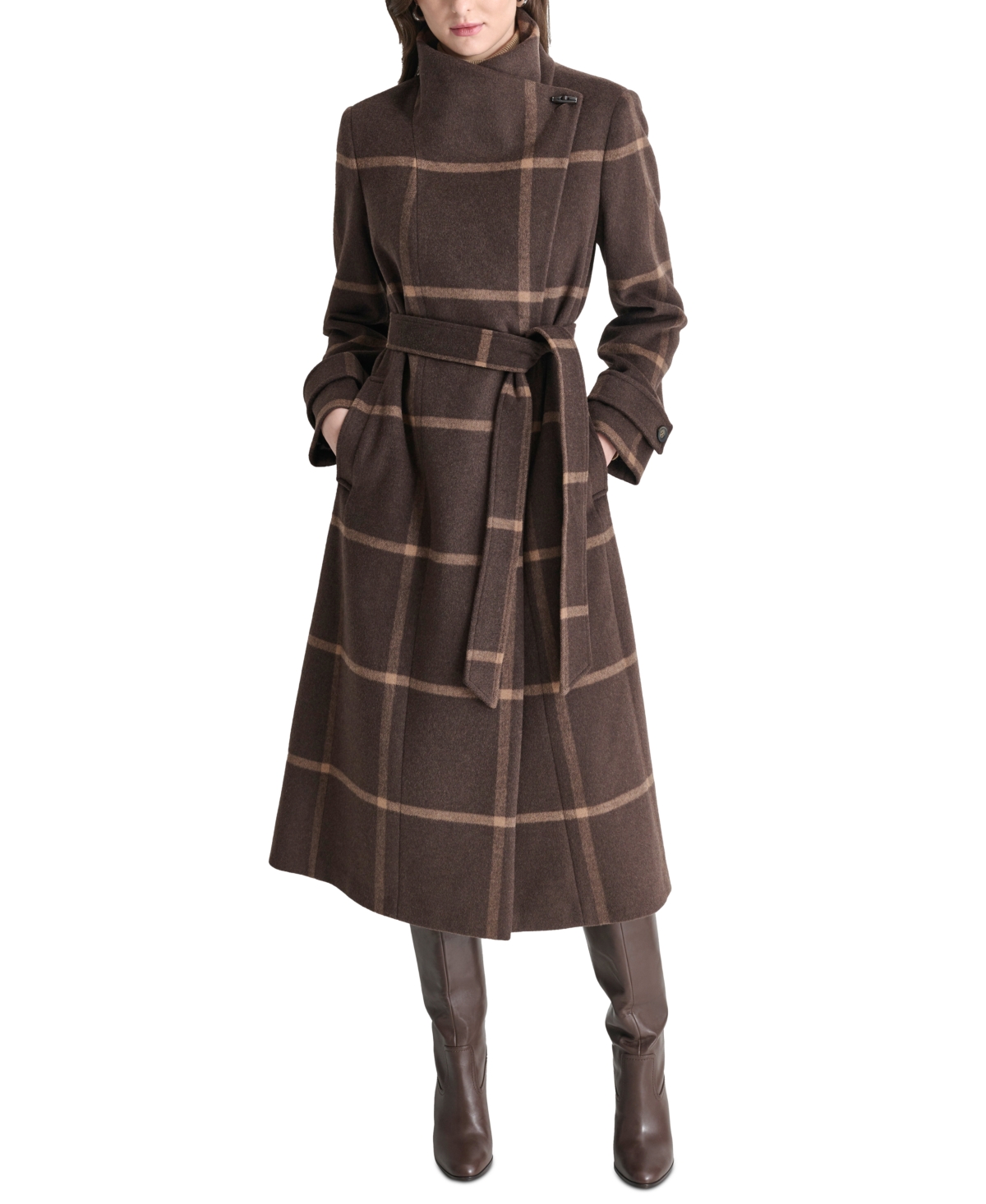 DKNY WOMEN'S BELTED WING-COLLAR MAXI COAT 