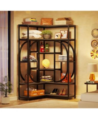 7-Shelf Corner Bookshelf, Large Modern Corner Bookcase, Tall L-shaped Corner Shelf Stand Display Rack with Storage, Metal Frame for Living Room Home Office