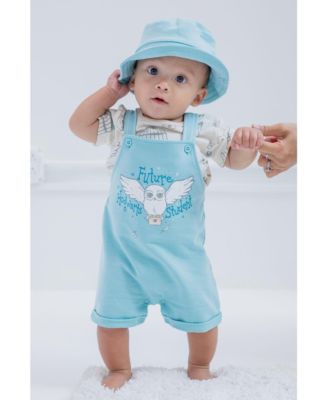 Baby Boys French Terry Short Overalls T-Shirt and Hat 3 Piece Outfit Set