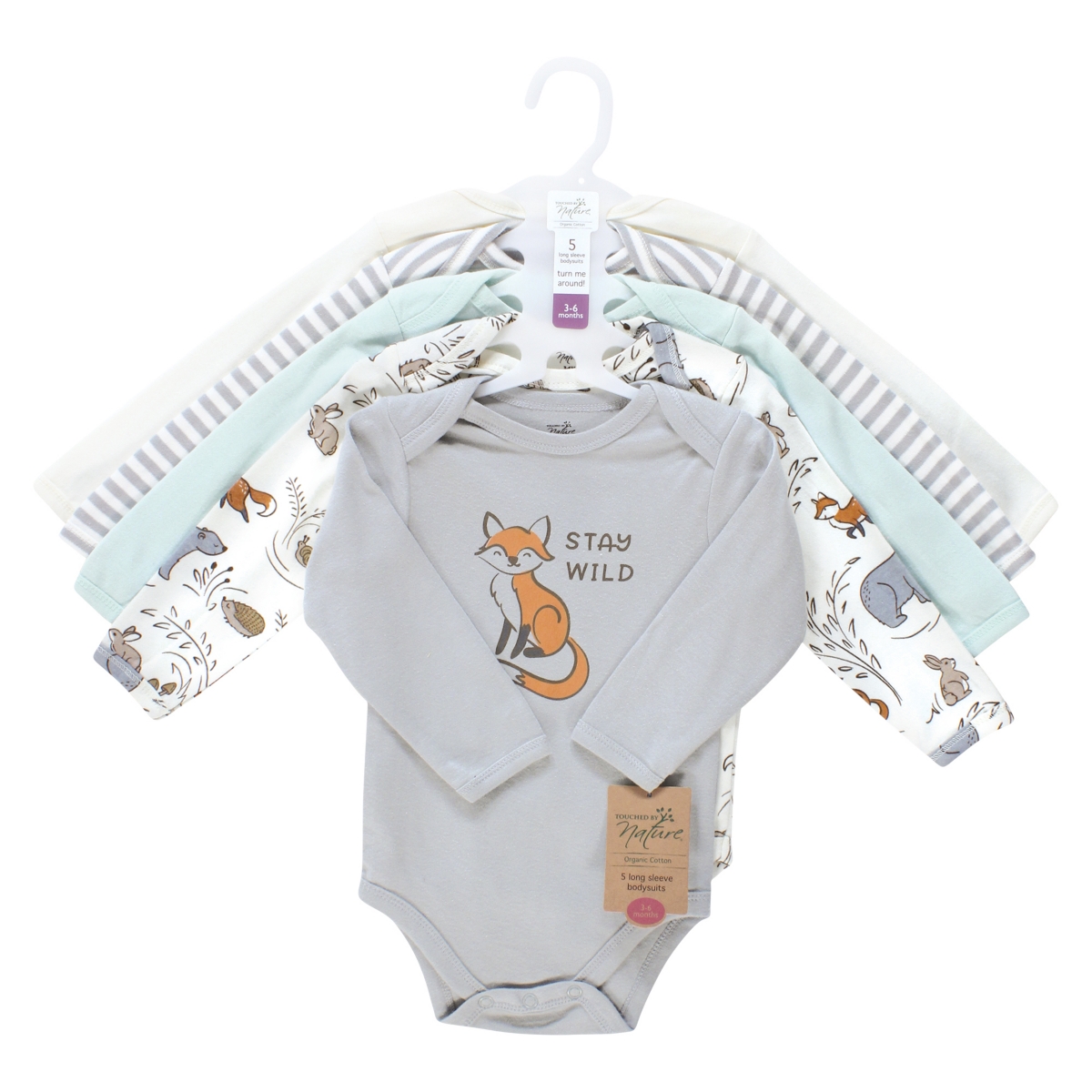 Touched by Nature Baby Boys Organic Cotton Long-Sleeve Bodysuits, Months - Dreamy woodland