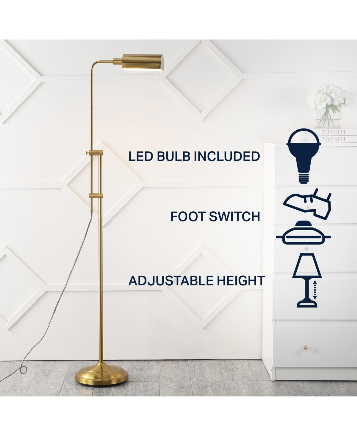 Jonathan Y Zinnia 63" Industrial Minimalist Height-Adjustable Iron Pharmacy Led Floor Lamp, Brass Gold