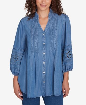 Ruby Rd. Petite Button Front Shirt with Embroidered Sleeves - Macy's