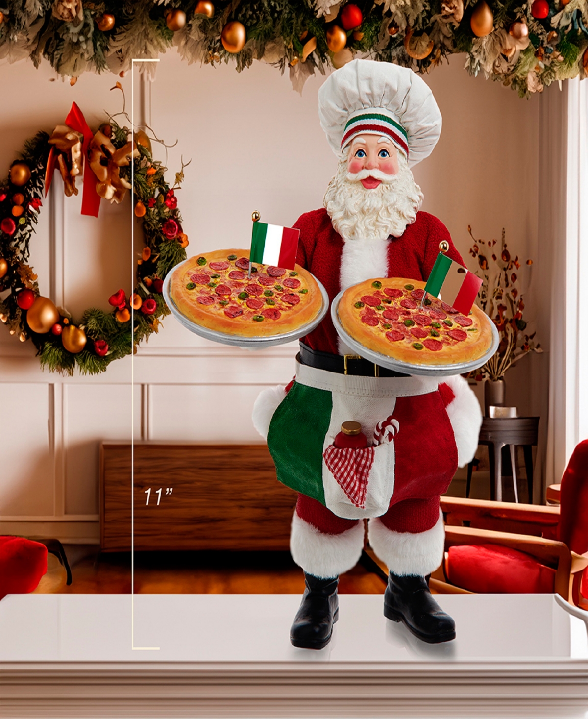 Kurt Adler 11-inch Fabriche Chef Santa Holding Two Trays Of Pizza In Red