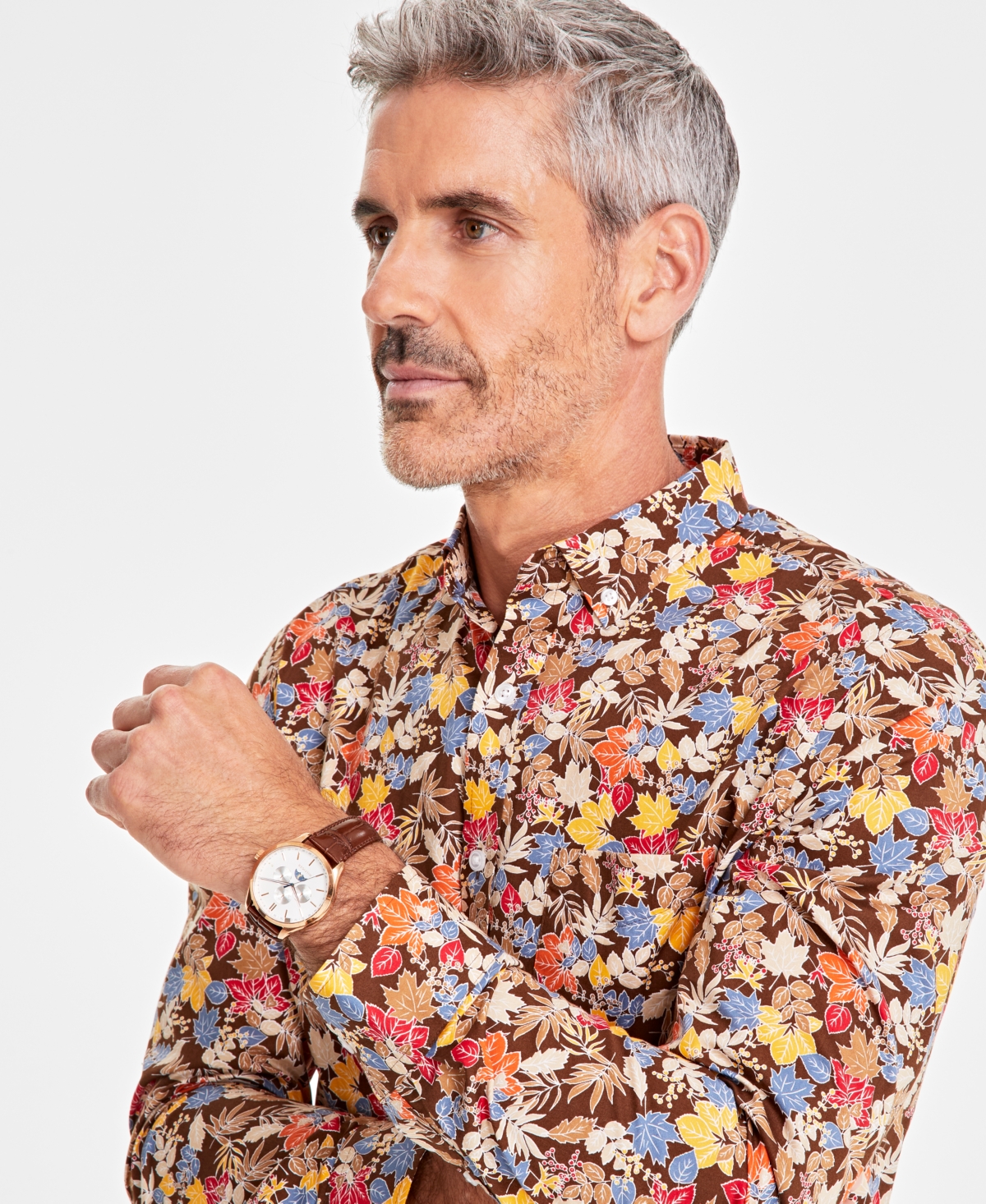 Club Room Men's Autumn Leaf Poplin Long-Sleeve Button-Down Shirt, Created for Macy's